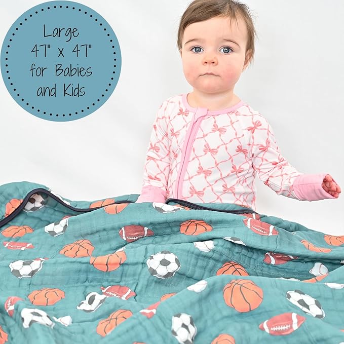 LollyBanks Muslin Baby Blanket 100% Organic Cotton, Muslin Quilt Lightweight, 6 Layers Baby Blankets 47"x 47", Muslin Blanket for Boys, Nursery Receiving Blankets (Sports, Balls Print)