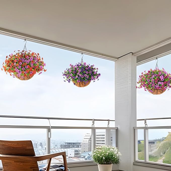 INQCMY Artificial Hanging Flowers Basket for Outdoors - Faux Daisy Silk Flower Realistic, Colorful Fake Plastic Plants UV Resistant Summer Decor for Garden Front Porch Patio Balcony Yard