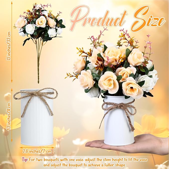 Domensi 6 Sets Wedding Centerpiece for Table Artificial Rose with Vase Fake Bouquets and Metal Pot Floral Arrangements for Holiday Party Event Table Decor (Champagne)