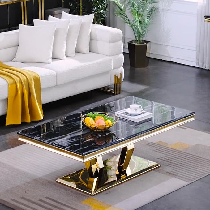 ACEDÉCOR Gold Coffee Table, 48 inch Rectangle Living Room Coffee Table with Polished Geometric Base, Black and Gold Tea Table for Home, Office, Reception Room
