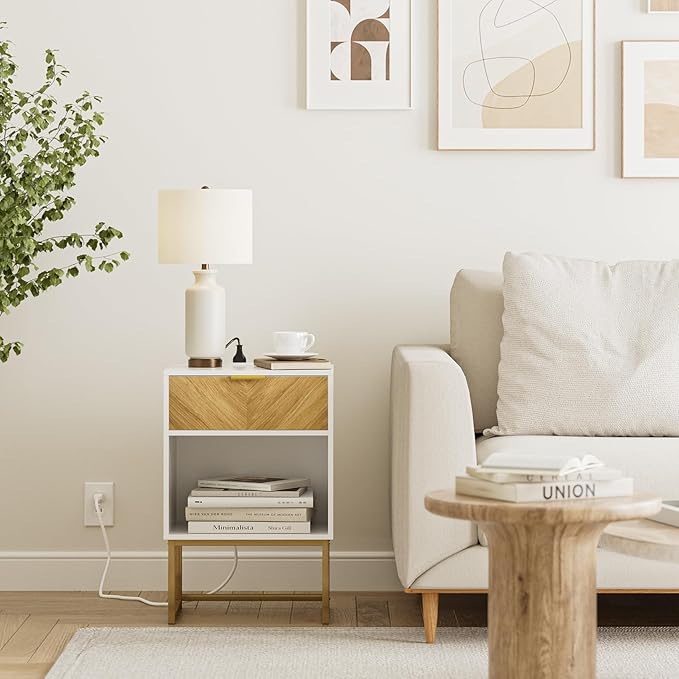 Masupu Nightstand with Charging Station,Modern Night Stand Boho Farmhouse Wood Bedside Table with Storage Drawer Side End Table for Bedroom,Living Room,Office,White with Outlet
