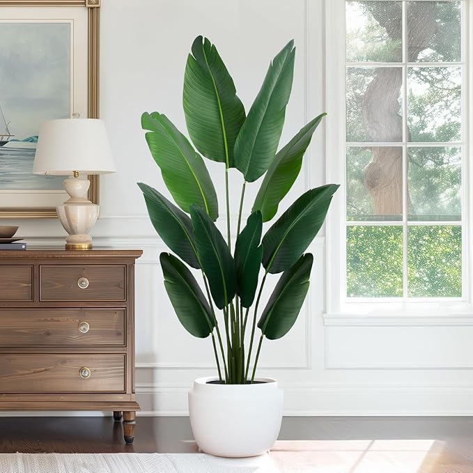 Artificial Bird of Paradise Plant 5 Ft Tall Fake Banana Leaf Plant for Indoors and Outdoors,Faux Palm Tree with Plastic Pot for Office and Home Decor,L1602PCS