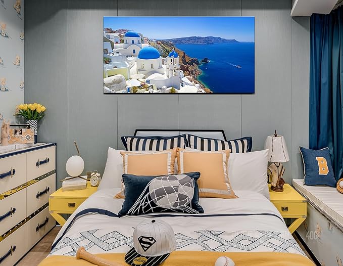OKEXCKK Large Canvas Print Wall Art Santorini in Greece Painting Wall Decor, Blue Coastal Landscape Artwork Seascape Pictures for Living Room, Bedroom, Office Decoration - 20"x40"