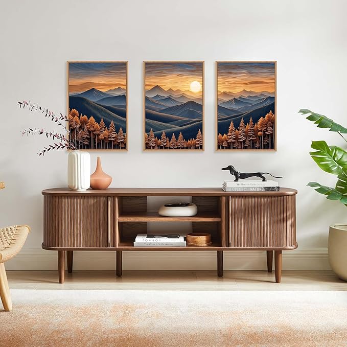 HOURIA Large Woodland Mountain Sunset Framed Canvas Wall Art Set,Wilderness Wooden Forest Landscape Wall Decor,Nature Botanical Artwork,Boho Pine Tree Art Print for Living Room,Bedroom- 16"x24"x3
