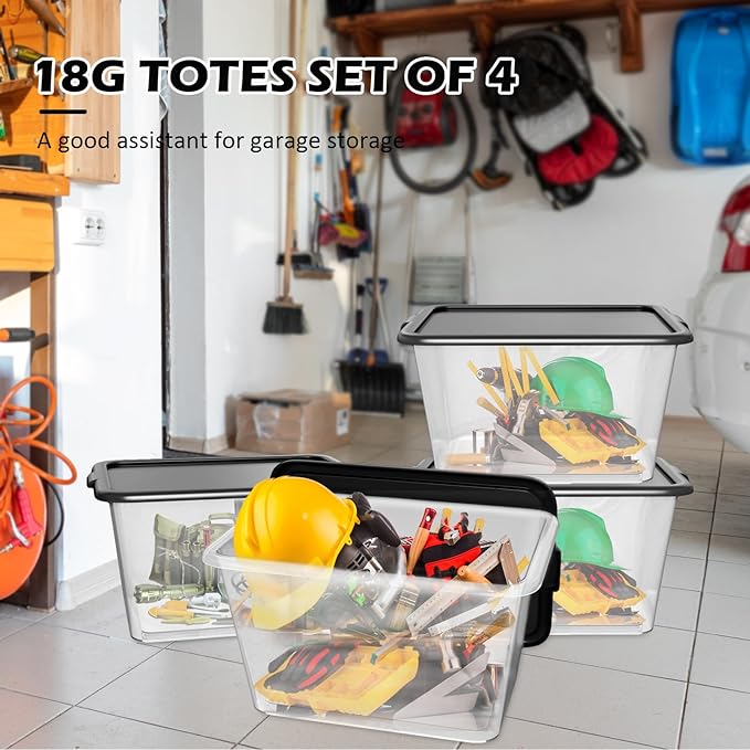 Storage Totes with Lids - Made in USA 14.5-Gallon (58-Quart) 4-Pack storage bins with lids plastic storage containers large storage boxes for Organizer Black/Clear