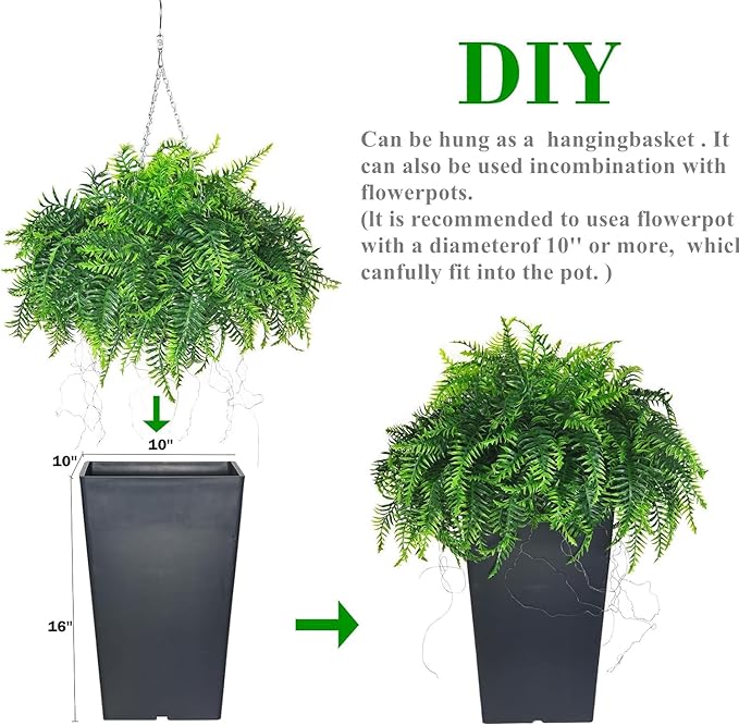 QIANYUN 1PCS Fake Hanging Plant- Boston Ferns UV Resistant Plastic Plants for Bedroom Living Room Garden Decor- Including Hanging Planters (Persian-Green)