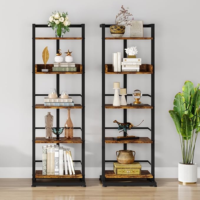 Hosfais Book Shelf Narrow Bookshelf: 5 Tier Wood Bookcase with Metal Edge Protection Industrial Modern Bookshelf Book Storage Organizer for Living Room Bedroom Home Office (Rustic Brown)