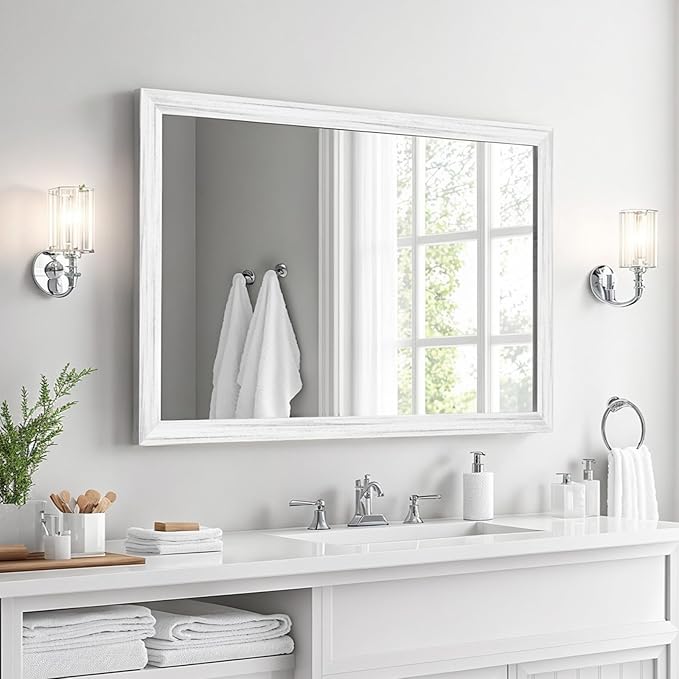 White Wood Effect Framed Wall Mirror, 24x36 Rectangle Mirror, 1/8" Anti-desilvering Tempered Glass, Sustainable& Sturdy Frame, Anti-Rust, HD Reflection &3min Fast Setup for Bathroom Living Room