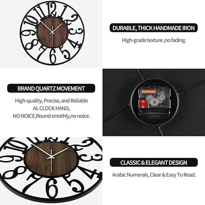 Large Wall Clock for Living Room Decor, 24 Inch Non Ticking Silent, Battery Operated Modern Vintage Oversized Wall Clock for Bedroom Kitchen