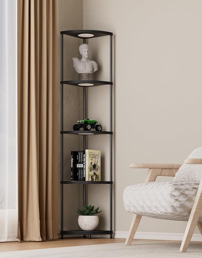 Corner Shelf with RGBCW LED Light, 64.5” Tall Floor Lamp Narrow Bookshelf Organizer, Standing Shelves with Metal Pole, Display Storage Rack for Wall Corner, Living Room, Bedroom, Office Décor, Black