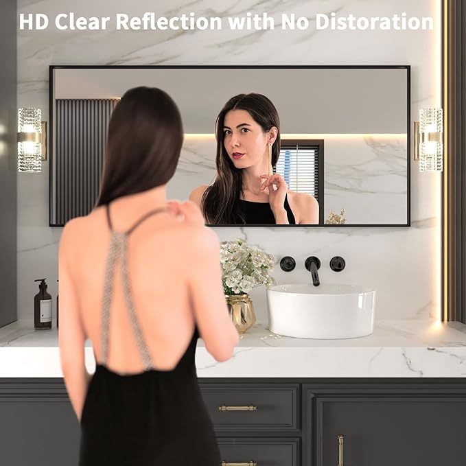 LOAAO 72"X32" Black Rectangle Bathroom Mirror Wall, Matte Black Aluminum Alloy Frame, Tempered Glass, Hangs Vertically or Horizontally, Easy to Install