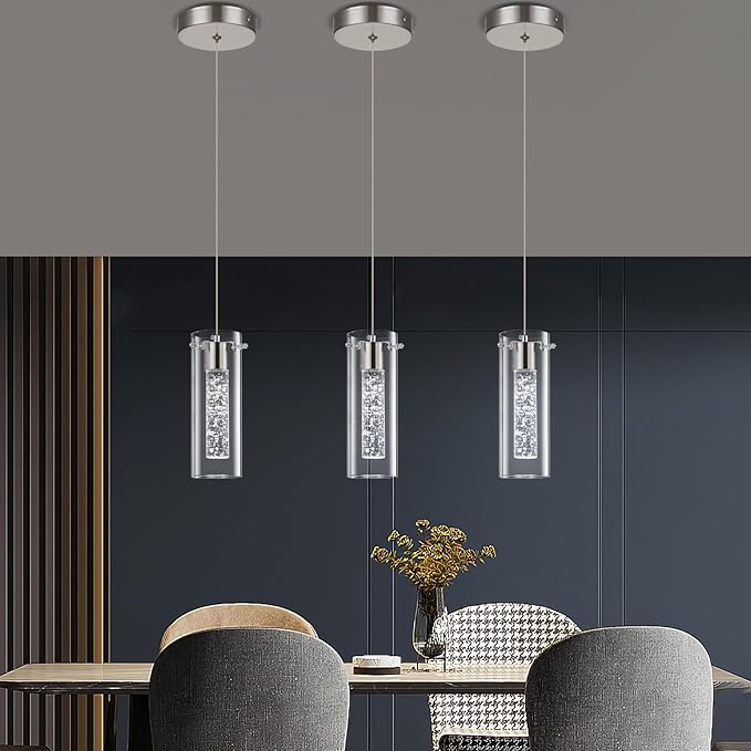 Modern LED Pendant Light, Hanging Crystal Ceiling Fixture Mini Bedroom Bedside Table Small Chandelier with Clear Glass Shade(3 Pack Brushed Nickel)