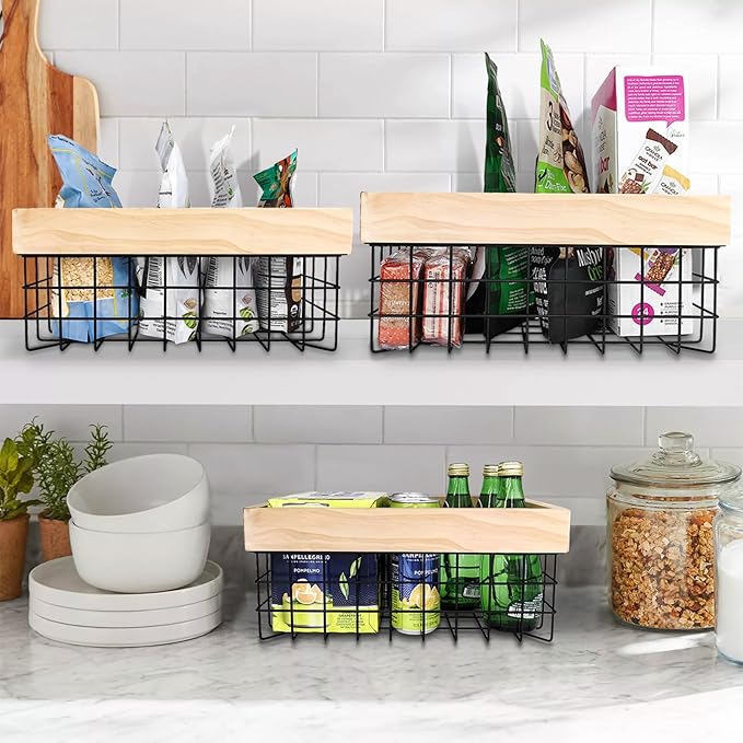 Set of 3 Metal Wire Baskets for Organizing Wood Top with Handles Storage Organizer Farmhouse Decor for Kitchen Cabinets Pantry Laundry Room Bathroom Closets Nesting Countertop Baskets