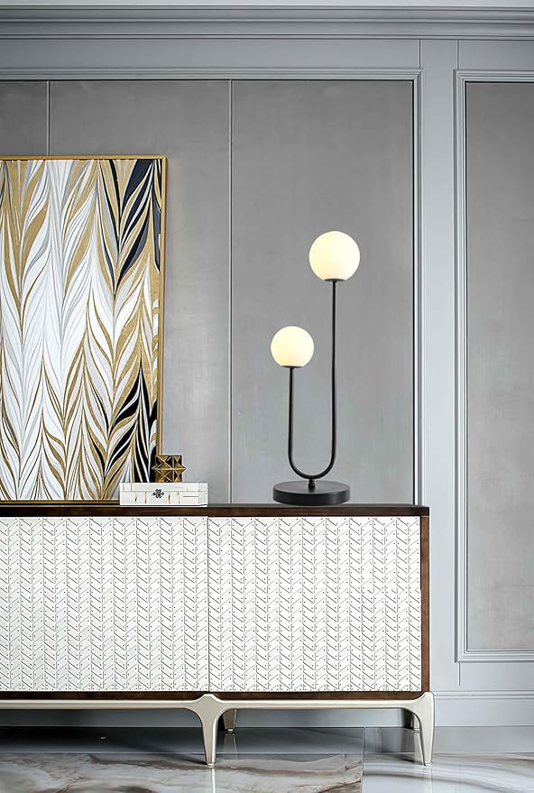 Black U-Shape 2-Light Table Light Mid Century Black Globe Table Lamp with Milk White Glass Shade Metal Base Nightstand Lamp for Bedroom Bedside,G9 Bulb