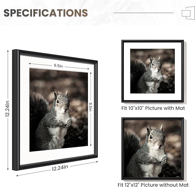 12x12 Black Picture Frame, Metal Photo Frame 12 x 12 for Wall, Square 12 by 12 Frames with Real Glass, 12x12 Frame with Mat for 10x10, Modern Black Picture Frames 12 x 12 for Wall Gallery Set