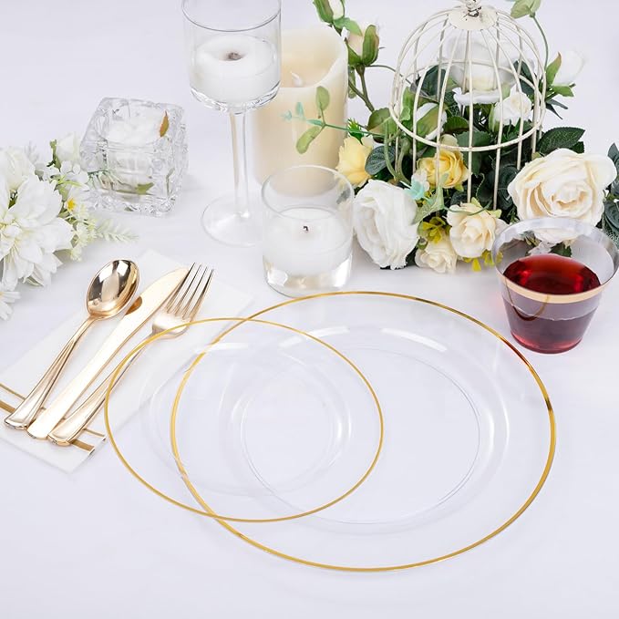 SUT 175 PCS Clear and Gold Plastic Plates, Plates Disposable Heavy Duty for 25 Guests, Disposable Plates for Party and Wedding, Party plates and Cups and Napkins Sets, Plastic plates Disposable