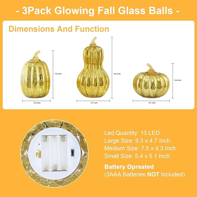 NEEDOMO Lighted Glass Pumpkin Decor, Set of 3 Gold Mercury Glass Pumpkins with Lights and Timer for Fall Thanksgiving Decorations, LED Collectible Figurines Fall Centerpiece for Tables Home