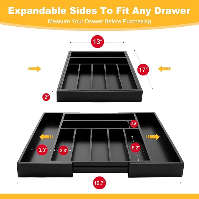 Large Premium Bamboo Silverware Organizer - Expandable Drawer Organizer & Utensil Organizer - 17"x19.7" Cutlery Tray with Dividers for Kitchen Utensils and Flatware (7-9 Slots) (Black)