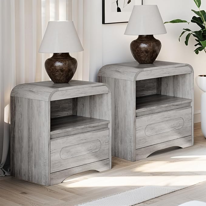 Grey Nightstand Set of 2, Nightstand with Drawers, 22" Modern Nightstands Bed Side Table Large Bedside Stand 18" Wide End Table for Bedroom Living Room Sofa Office,Curved Profile Design