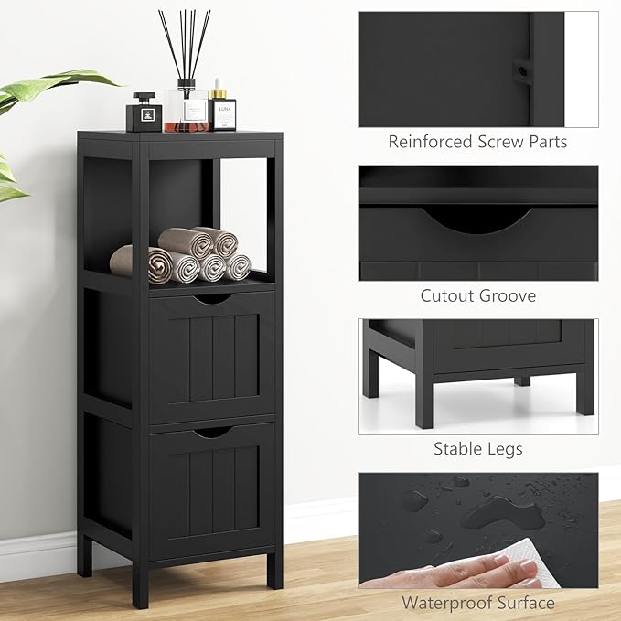 Tangkula Small Bathroom Storage Cabinet with 2 Removable Drawers, Wood Freestanding Floor Cabinet for Bathroom, Anti-Tipping Device, Side Corner Cabinet for Small Spaces (Black)