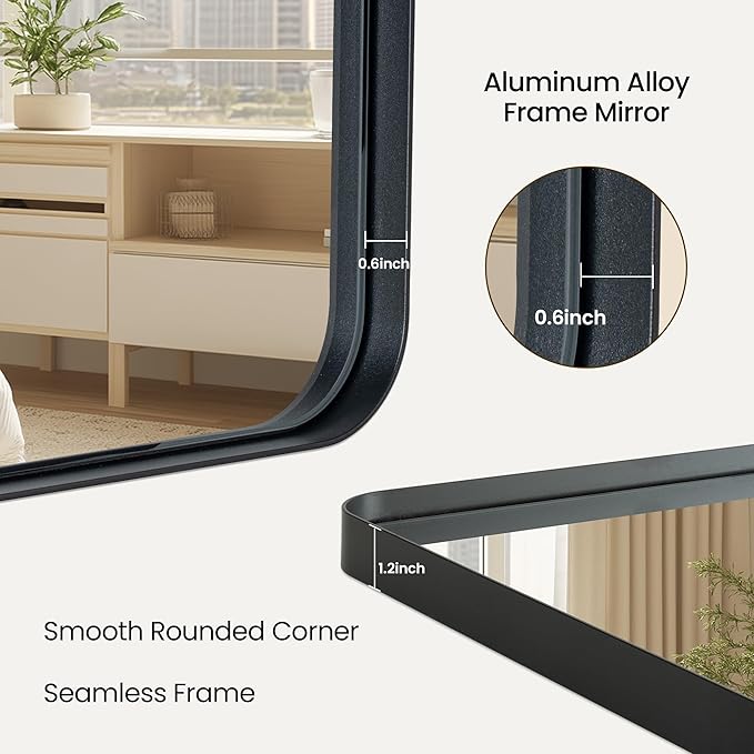 Bathroom Mirror 22x30 inch, Rustproof Aluminum Metal Framed Mirror for Wall, Matte Black Bathroom Vanity Mirror, Shatterppoof Mirror, Living Room, Hanging or Leaning Horizontal or Vertical