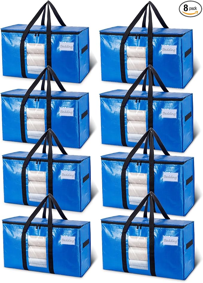 TAILI Extra Large Moving Bags, 8 Pack Blue Heavy Duty Totes For Storage with Visible Window, Wrap Around Handles, Storage Bags for Space Saving, Alternative to Moving Boxes