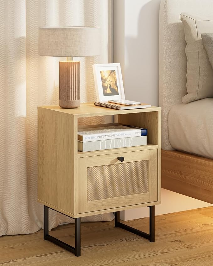 Rattan Nightstand, Boho Night Stand Farmhouse Wood Bedside Table with Storage and Open Shelf, End Side Accent Table for Bedroom,Living Room,Oak