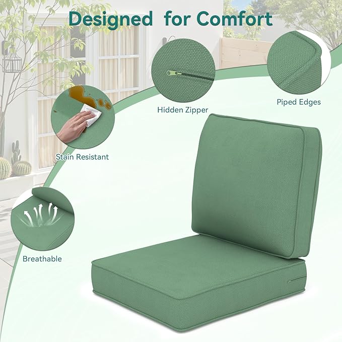 Outdoor Chair Cushions 23" x 24" x 4", Patio Deep Seat Replacement Cushions Set with Zippered Removable Cover, Weather-Resistant Olefin Fabric for Garden Chair Sofa Couch, Set of 6, Green