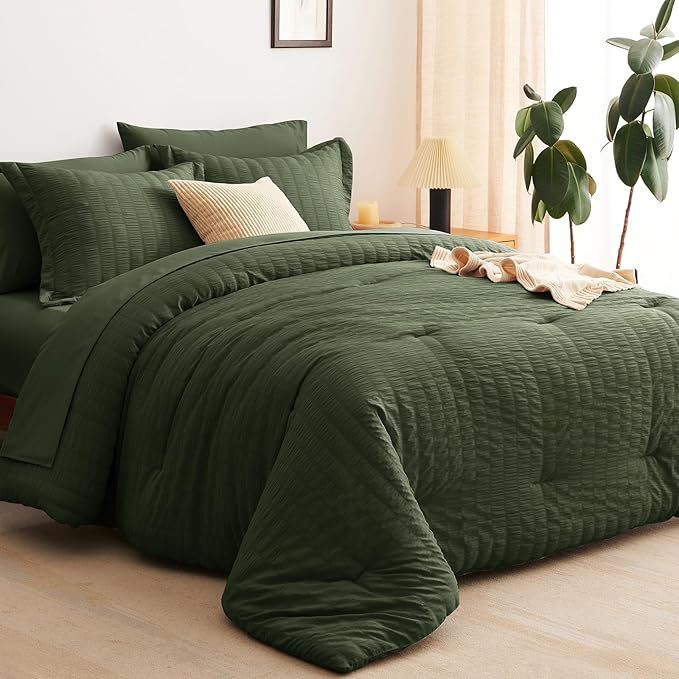 CozyLux Full Size Comforter Sets with Sheets Seersucker 7 Pieces Olive Green Bed in a Bag Textured Luxury Soft Bedding Set with Down Alternative Comforter, Sheets, Pillowcases & Shams for All Seasons