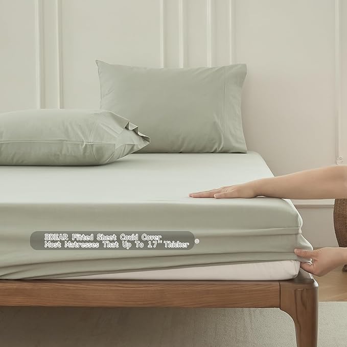 6PS Linen Like Bedding Sheet Sets Sage Green Queen Size Cotton Bedding Set Oeko-TEX Standard 100% Washed Cotton Deep Pocket Queen Size Fitted Sheet Plus Cozy Flat Sheet and 4 Pillowcases