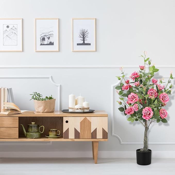 Romantic season 2Pack Artificial Rose Flower Trees, 42Inch Pink Faux Rose Tree with Green Leaves for Living Room Office Home Outdoor Indoor Decor