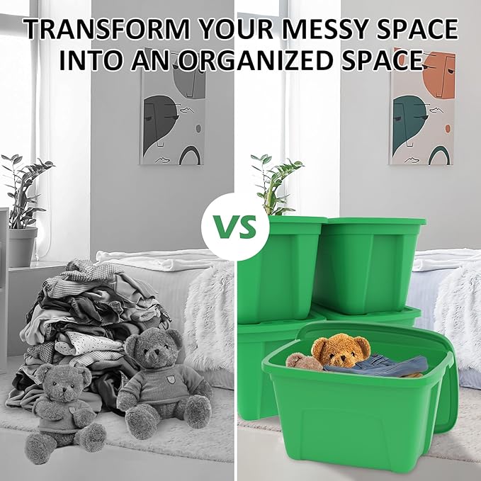 Storage Totes with Lids - Made in USA 18-Gallon (72-Quart) 4-Pack storage bins with lids plastic storage containers large storage boxes for Organizer Green/Green
