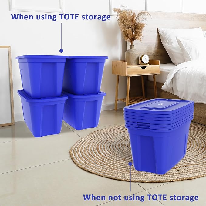 Storage Totes with Lids - Made in USA 18-Gallon (72-Quart) 4-Pack storage bins with lids plastic storage containers large storage boxes for Organizer Blue/Blue