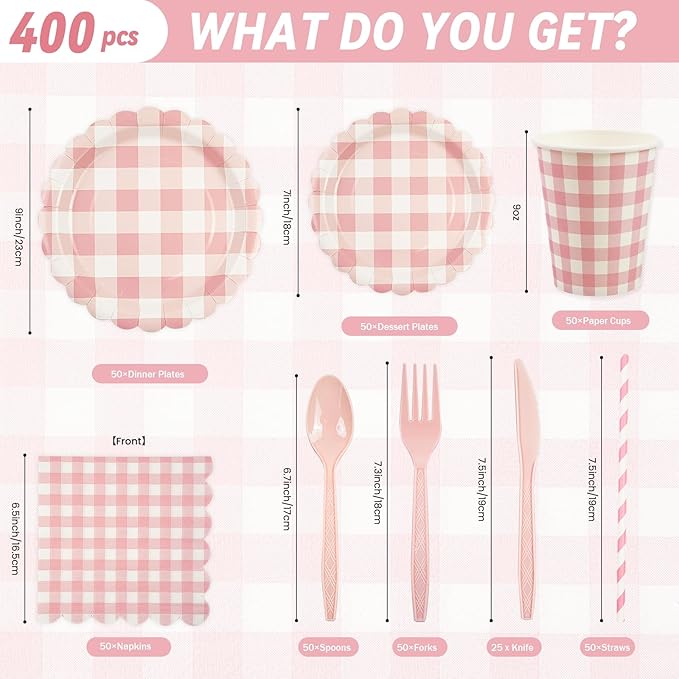 400PCS Light Pink Gingham Party Supplies, Scalloped Disposable Tableware Set Includes Paper Plates Napkins Cups Straws Forks Knives Spoons for Baby Shower Birthday Wedding Decorations, Serve 50