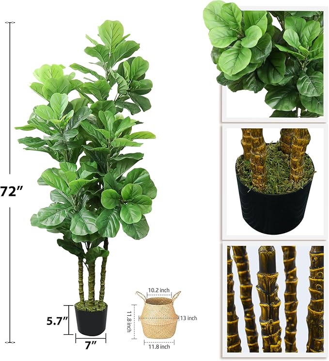ROOMTEC 6ft Artificial Fiddle Leaf Fig Tree in Pot Faux Fiddle Leaf Fig Tree Large Artificial Tree for Indoor Outdoor House Living Room Office Modern Decoration