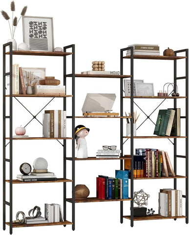 Panana Triple 4/5/6 Tier Bookshelf, Industrial Bookcase with 11/14/17 Open Display Shelves Wide Book Shelf Book Case with Metal Frame for Living Room Home Office (Brown, 5 Tier)