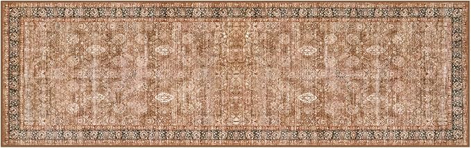 Morebes Vintage Runner Rugs with Rubber Backing, Boho Hallway Runner Rug 8 ft, Kitchen Rugs and Mats Non Skid Washable, Long Distressed Floral Rug Carpet Runner for Entryway,Brown