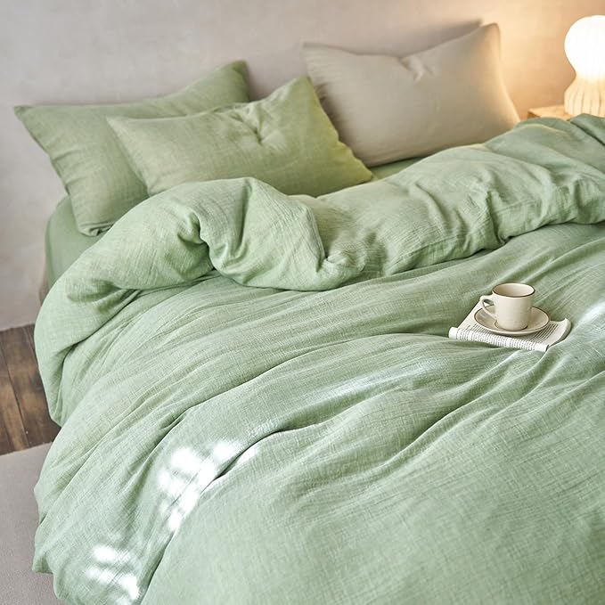 VM VOUGEMARKET Muslin Duvet Cover King Size,Breathable Linen Like Guaze Textured Bedding Comforter Cover Set 3 Pieces Minimalist Duvet Cover with 2 Pillowcases, 104"x90",Mint Green