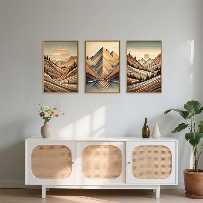 Large Vintage Woodcut Style Mountain Framed Canvas Wall Art,Mid Century Woodland Wall Decor,Boho Sunrise Forest Artwork,Modern Neutral Nature Art Print for Living Room,Bedroom,Office-24 x36 x3