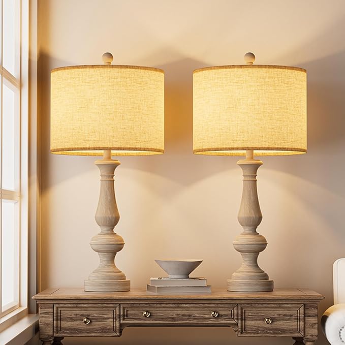 26" Farmhouse Resin Table Lamp for Bedroom Set of 2, Retro Bedside Lamps for Nightstand with USB C+A Ports, 3 Color Temperature Desk Lamp, Vintage Table Lamps for Living Room (Bulb Included)