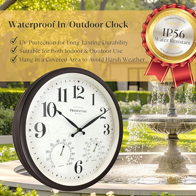 Presentime & Co 16" Farmhouse in/Outdoor Clock, Wall Clock & Weather Station, Weather Thermometer, Wall Décor and Timepiece for Farmhouse Decoration, Oil Rubbed Bronze Finish