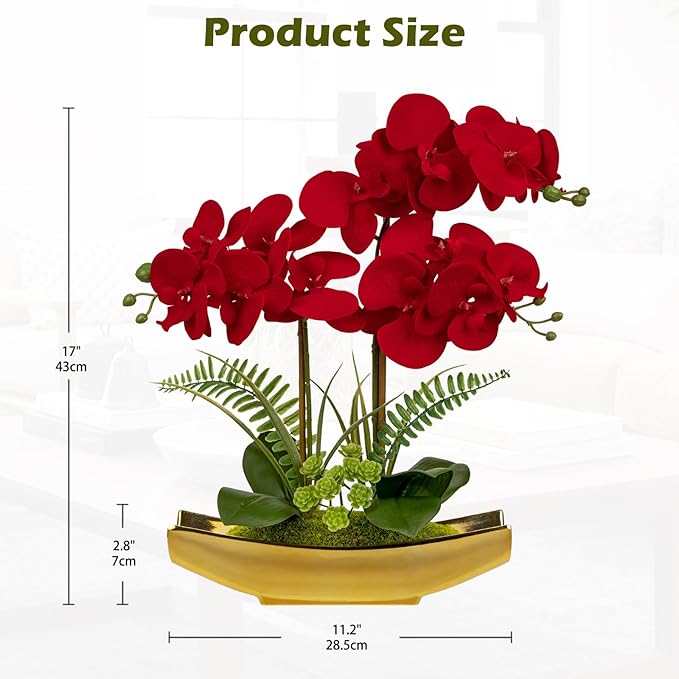Briful Orchid Artificial Flowers 17" Silk Red Orchid Floral Arrangement with Gold Pot Real Touch Faux Orchid Plant for Home Office Room Kitchen Table Centerpiece Shelf Decor