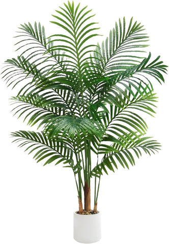 Artificial Palm Tree 5FT Artificia Plants Indoor Fake Trees Tropical Fake Plam Tree Floor Plant in White Pot with 13 Trunks & Real Bark Design Faux Palm Plant for Outdoor Home Room Decor