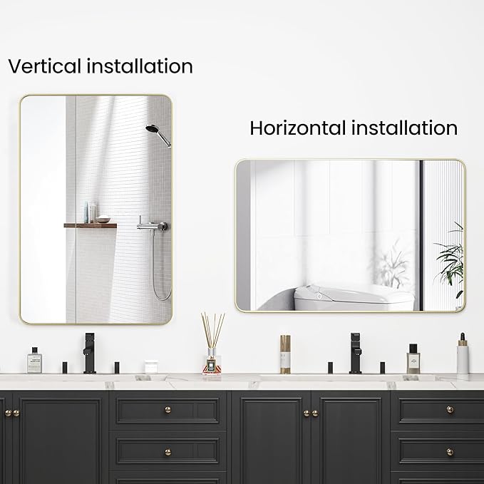 Bathroom Mirror 24x36 inch, Rustproof Aluminum Metal Framed Mirror for Wall, Matte Gold Bathroom Vanity Mirror, Shatterppoof Mirror, Living Room, Hanging or Leaning Horizontal or Vertical