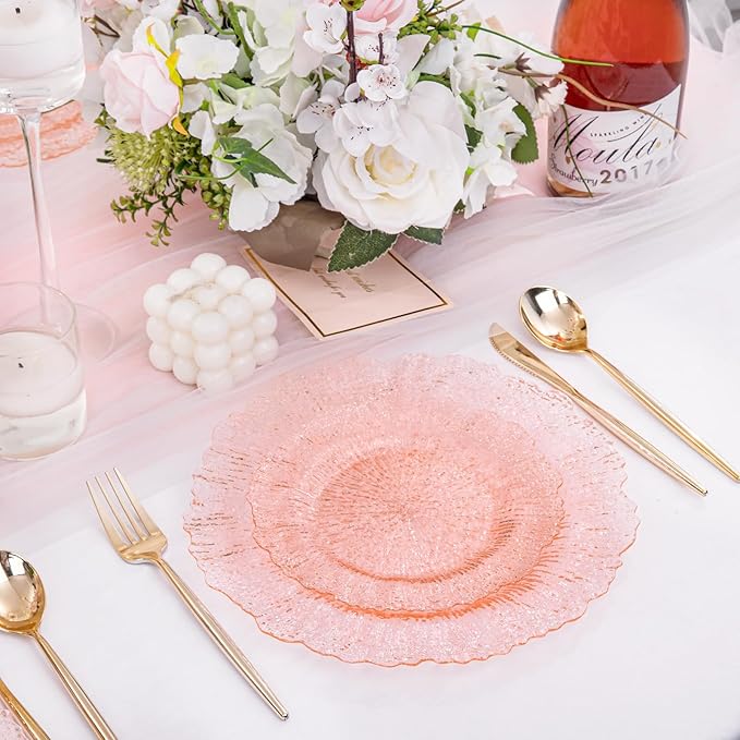 U-QE 60PCS Pink Plates for Party - Pink Plastic Plates Disposable&Reusable - Clear Pink Heavy Duty Plastic Plates for Party Including 30 Plastic Dinner Plates 10" & 30 Plastic Dessert Plates 7"