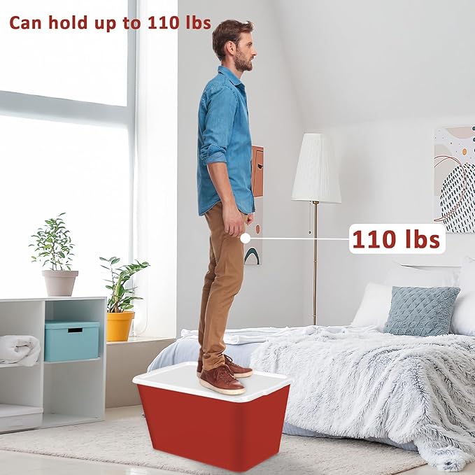 Storage Totes with Lids - Made in USA 14.5-Gallon (58-Quart) 4-Pack storage bins with lids plastic storage containers large storage boxes for Organizer White/Red