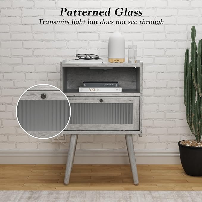 Mid Century Modern Nightstand with Charging Station, Bedside Tables with Glass Door, End Table Side Table with 2 Tiers Storage Space, for Bedroom, Living Room, Light Grey