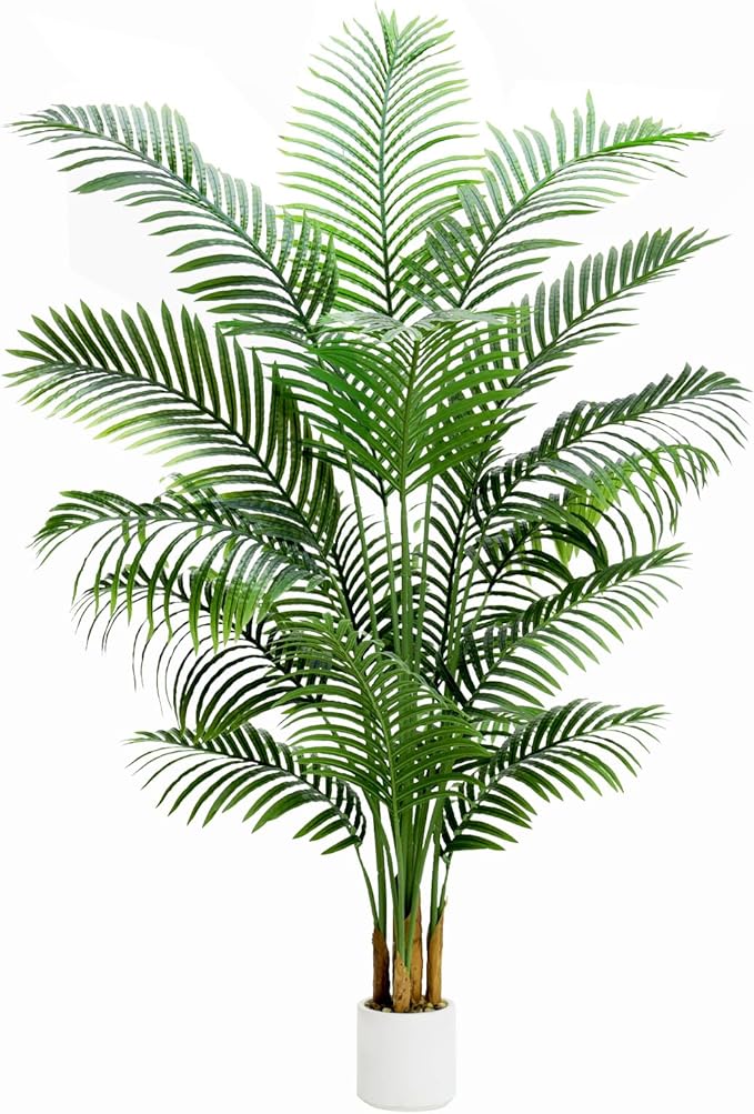 Artificial Palm Tree 7FT Artificia Plants Indoor Fake Trees Tropical Fake Plam Tree Floor Plant in White Pot with 18 Trunks & Real Bark Design Faux Palm Plant for Outdoor Home Room Decor
