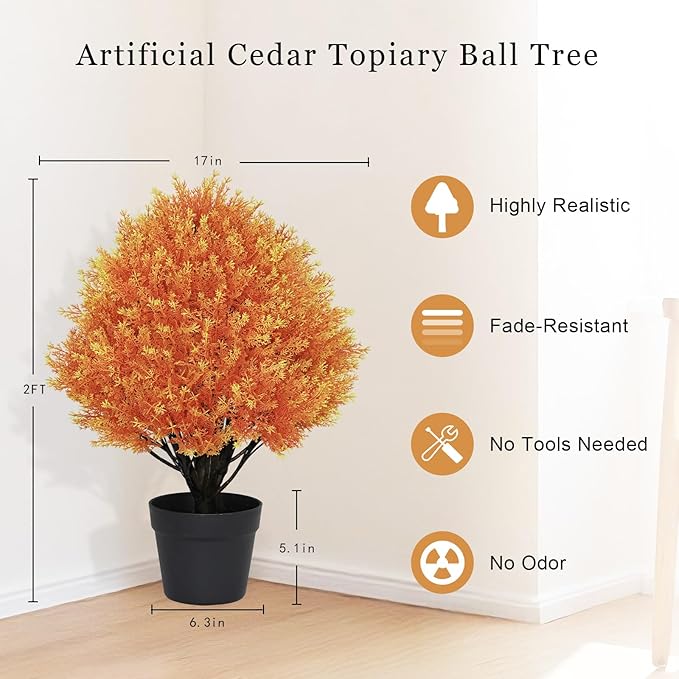 24" Faux Cedar Trees for Outdoor Planters, Set of 2 Artificial Topiary Ball Plants UV Resistant, Fake Bushes & Shrubs for Front Porch, Patio, Fall Decor