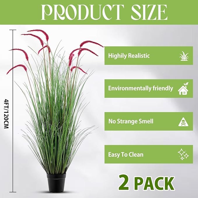 Jexine 2 Pieces Faux Plants Outdoor 4 ft Tall Artificial Grass Plant Potted Artificial Setaria Grass Faux Greenery Floor Plants for Housewarming Gift House Garden Bathroom Lobby Outdoor(Purple)